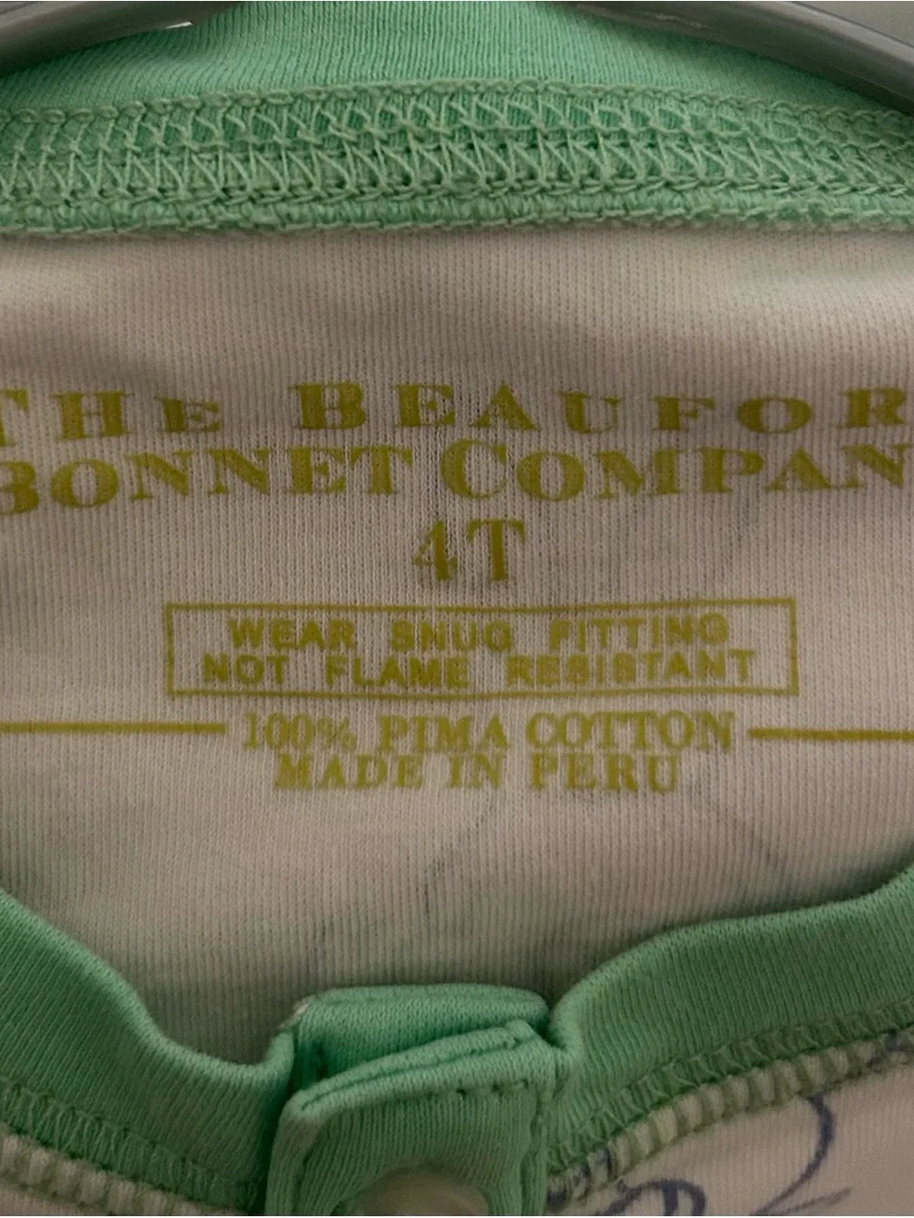 TBBC pajama top size 4T white mint green bunnies long sleeve Pima cotton buttons
